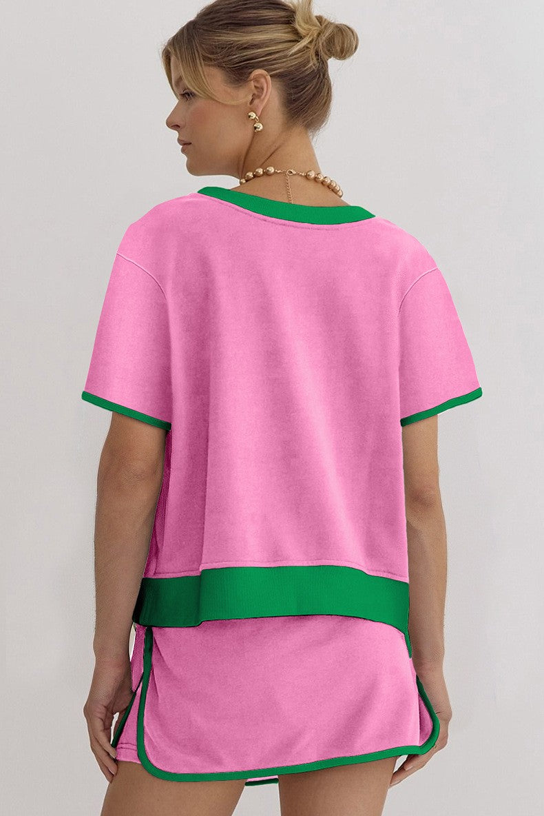 Ensemble 2 pièces jupe-short et t-shirt femme colorblock à épaules tombantes