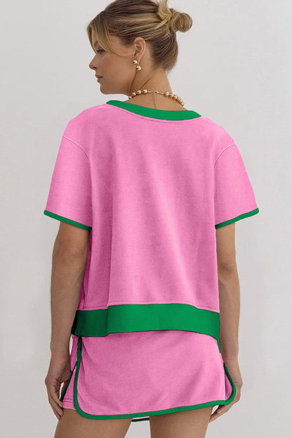 Ensemble 2 pièces jupe-short et t-shirt femme colorblock à épaules tombantes