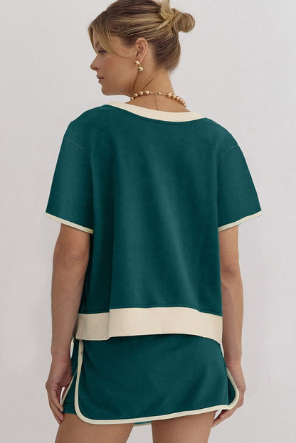 Ensemble 2 pièces jupe-short et t-shirt femme colorblock à épaules tombantes
