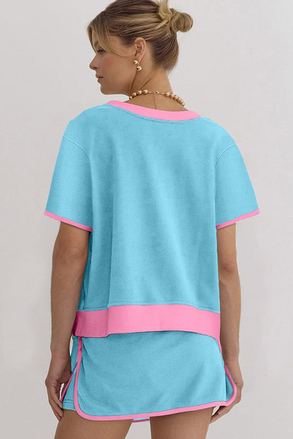 Ensemble 2 pièces jupe-short et t-shirt femme colorblock à épaules tombantes