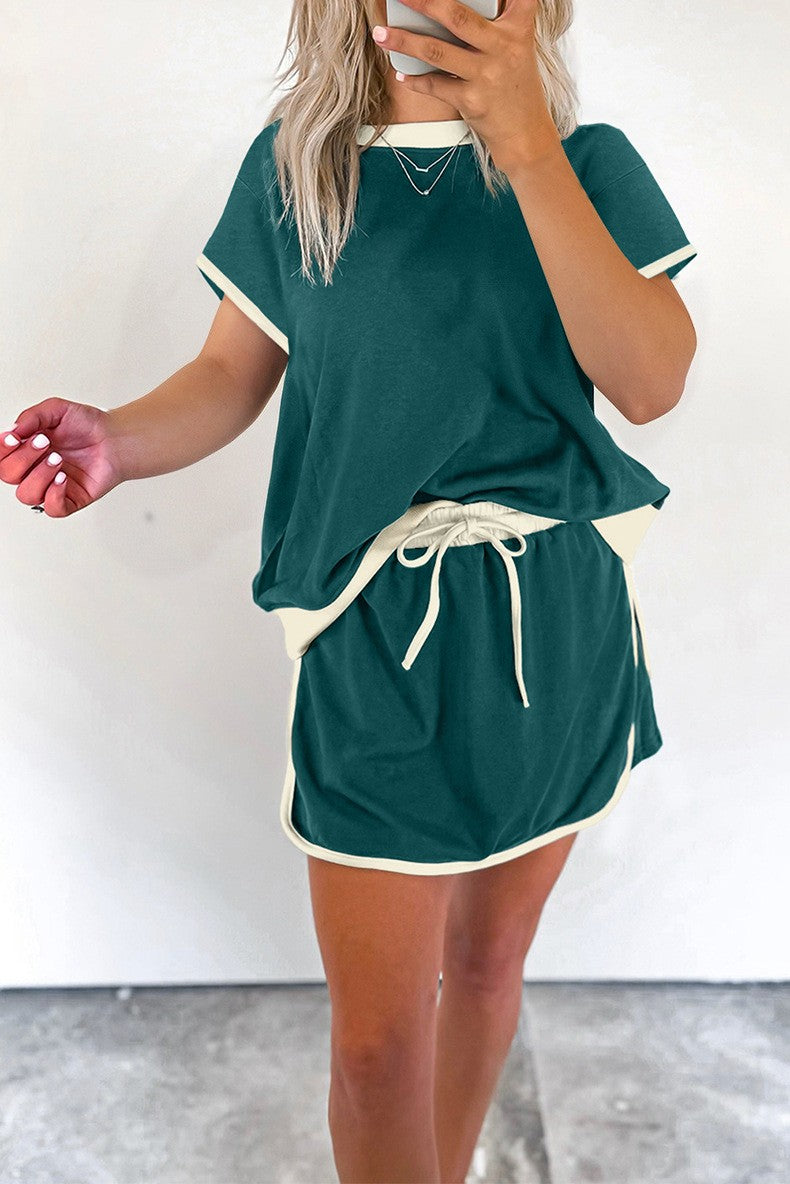 Ensemble 2 pièces jupe-short et t-shirt femme colorblock à épaules tombantes