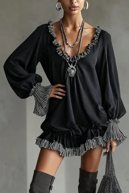 Mini-robe décontractée à manches longues, ample et tendance, avec volants et patchwork.