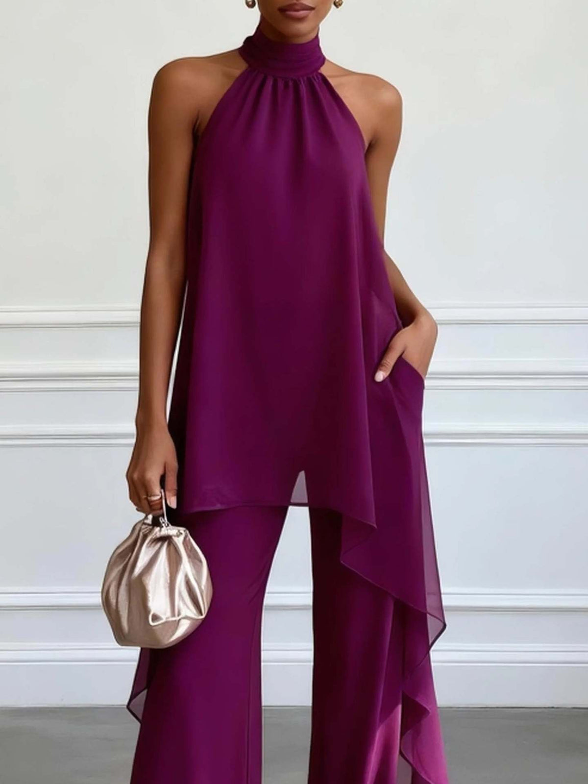 Ensemble pantalon deux-pièces patte large en mousseline de soie violet foncé élégant à col licou