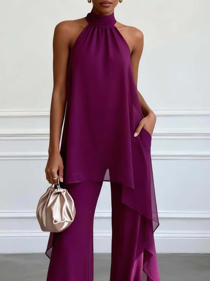 Ensemble pantalon deux-pièces patte large en mousseline de soie violet foncé élégant à col licou