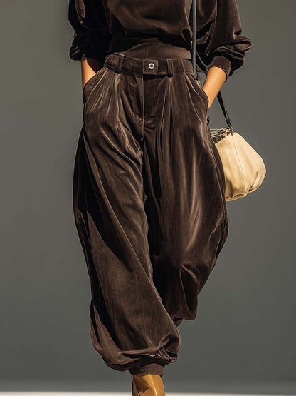 Vintage brown velvet hoodie and wide-leg trousers (belt included)