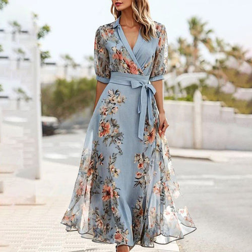 Blue short-sleeved V-neck midi dress