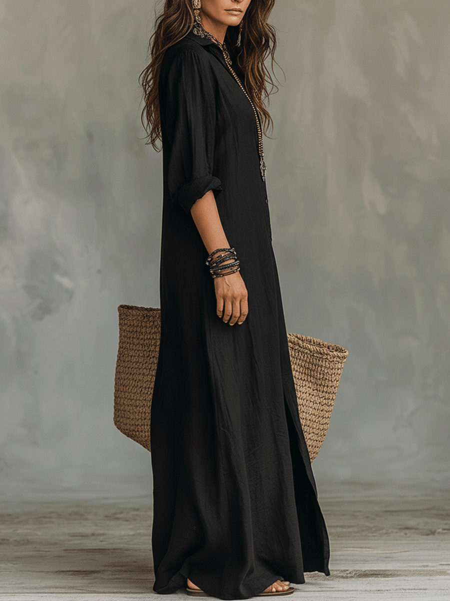 Black Bohemian Button Front Maxi Dress