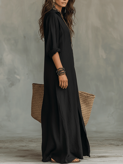 Black Bohemian Button Front Maxi Dress