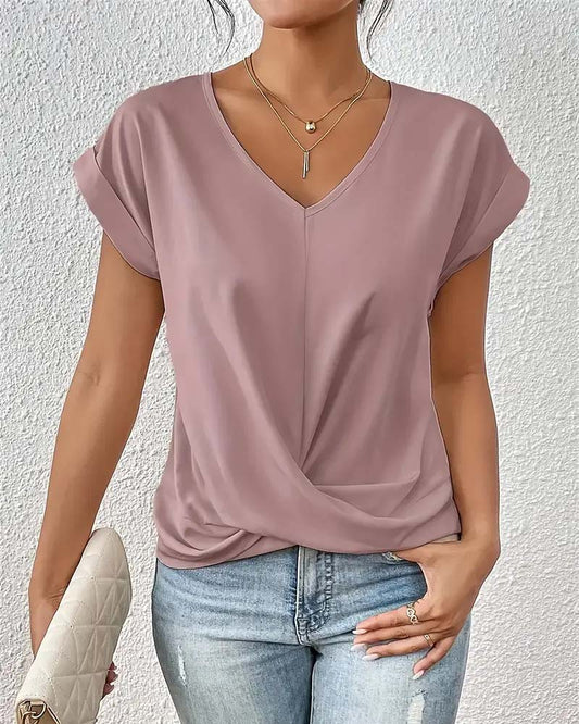 Stylish short-sleeve solid V-neck t-shirt