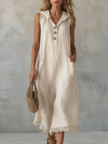 Robe midi sans manches en lin avec col, demi-bouton et ourlet en dentelle