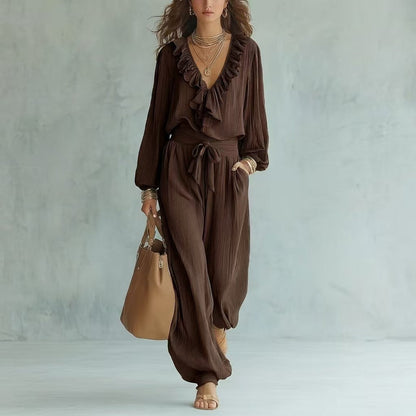 Ensemble deux pièces haut à manches longues avec col en V à volants et pantalon large à taille nouée