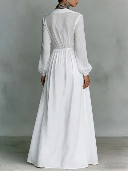Casual cotton and linen maxi dress, high waist, stand-up collar, for everyday wear