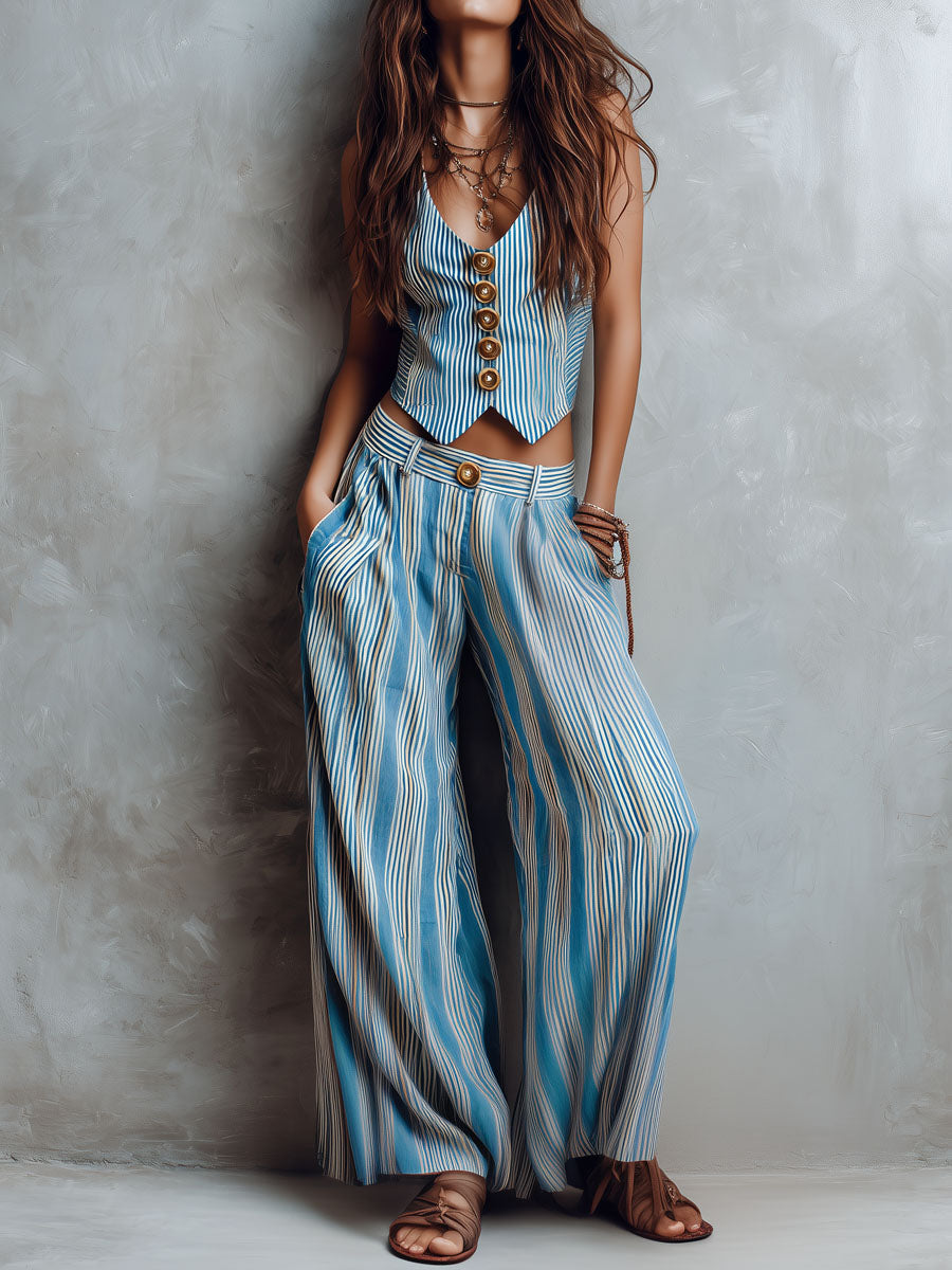 Ensemble gilet rayé bleu style bohème et pantalon à jambes larges