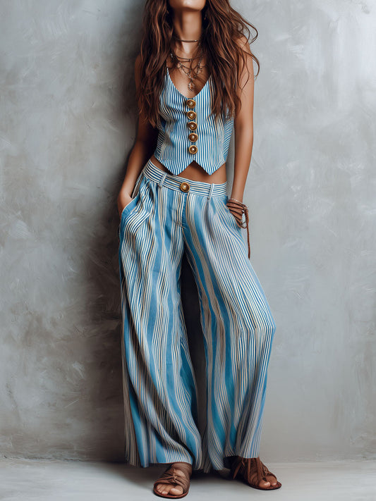 Bohemian-style blue striped vest and wide-leg pants set