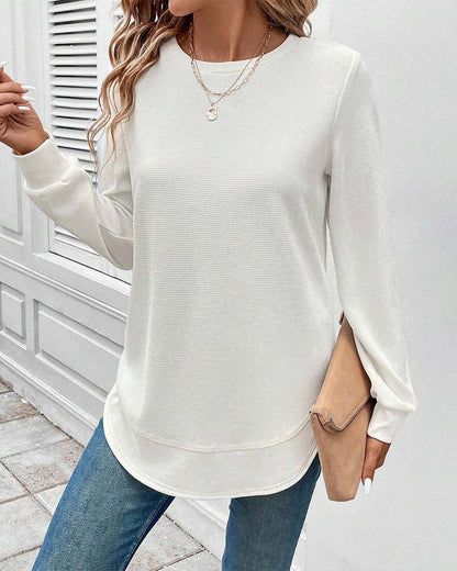 Round-neck, long-sleeved, solid-colour top