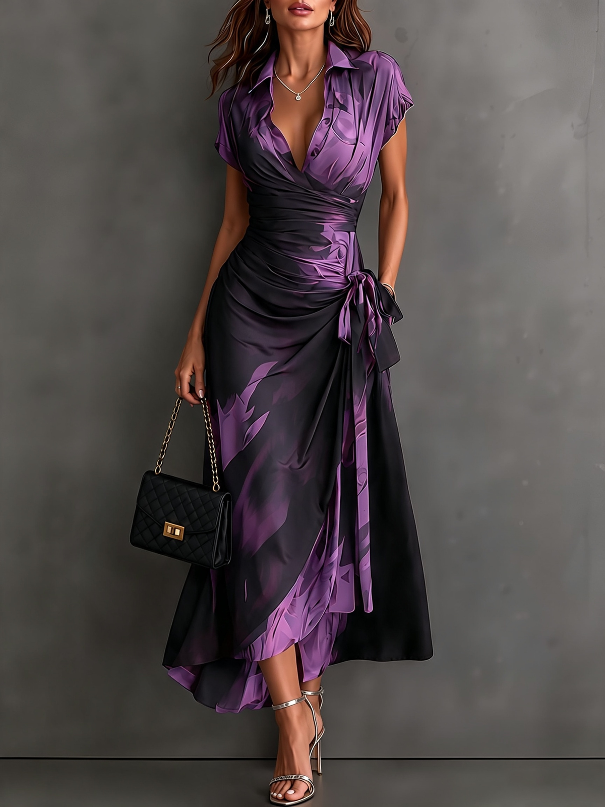 Robe Midi Cache-cœur Imprimé Abstrant Rouge et Noir Col V Manches Courtes Ceinture Nouée Ourlet Asymétrique Volanté