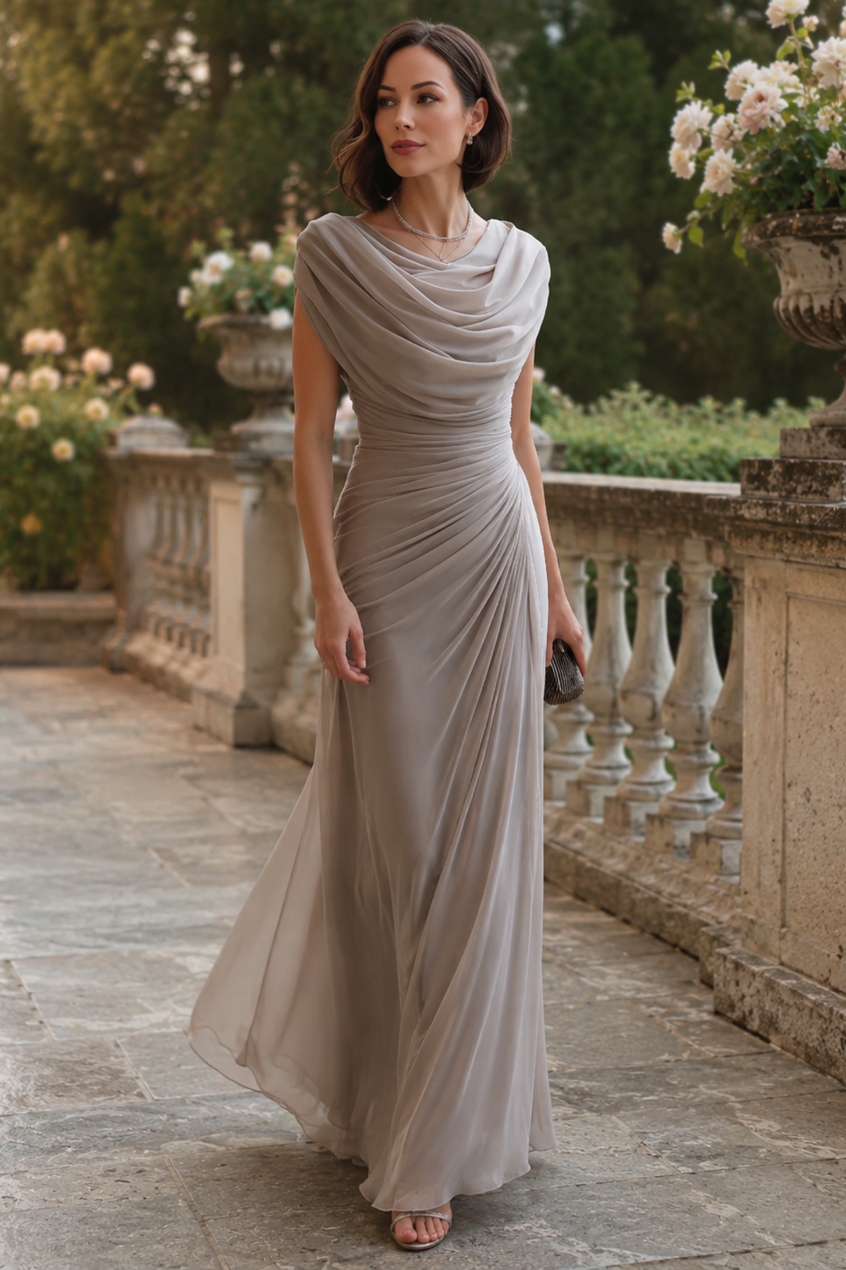 Robe longue sans manches à col bénitier drapé