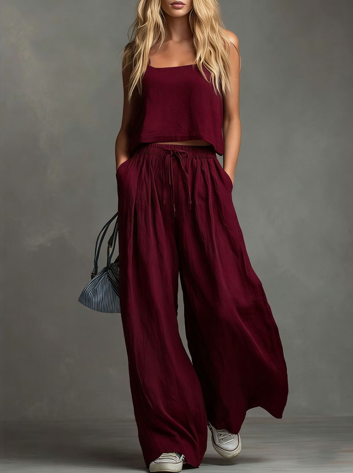 Ensemble pantalon large et haut à bretelles en coton et lin décontracté de couleur unie