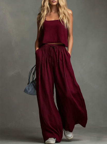 Ensemble pantalon large et haut à bretelles en coton et lin décontracté de couleur unie