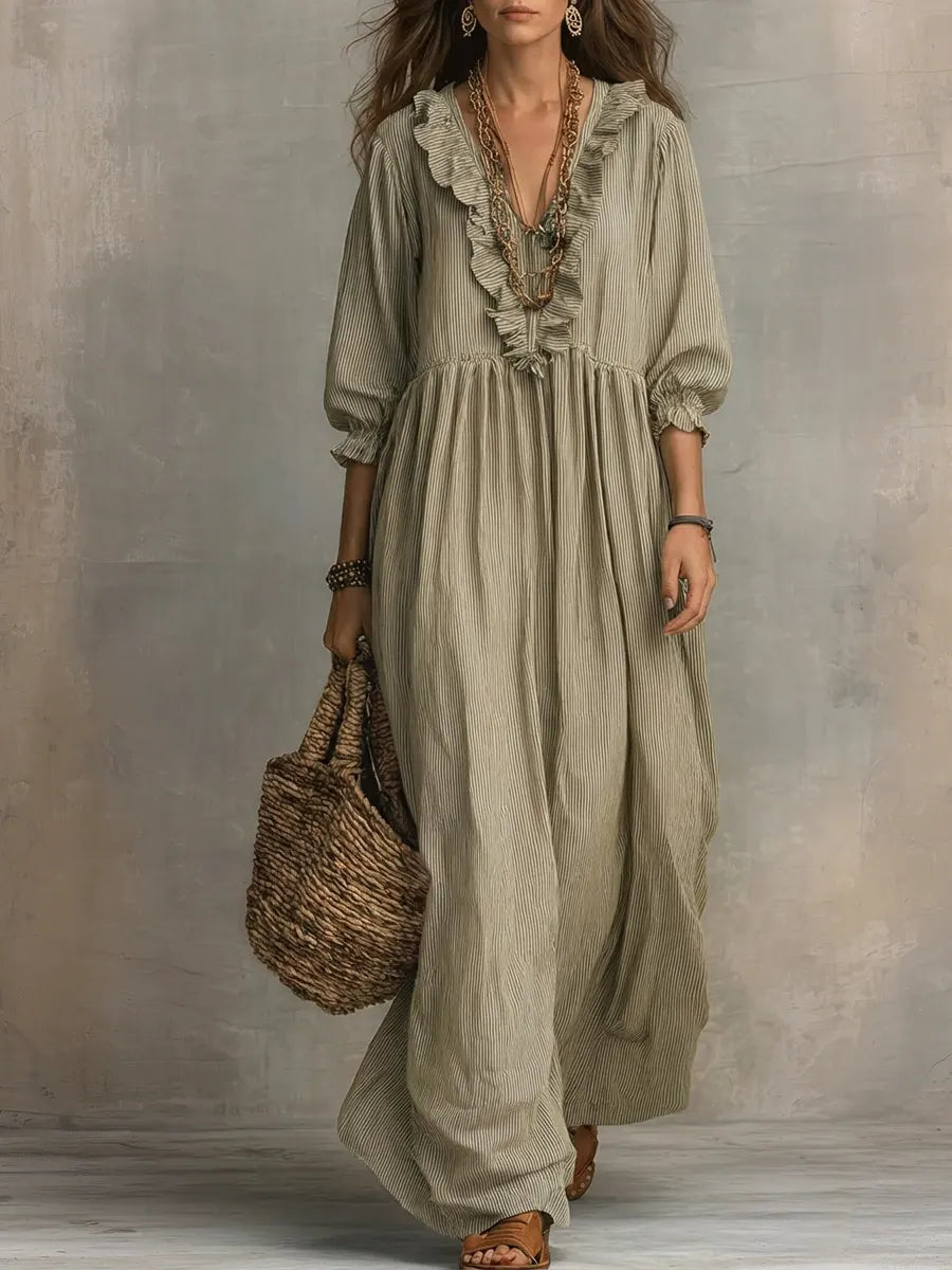 Robe longue de vacances chic décontractée à imprimé rayé et volants pour femme