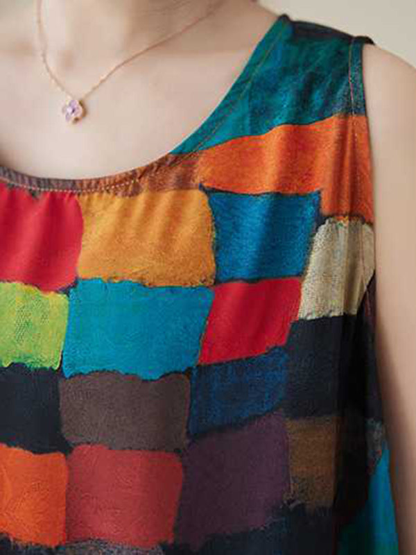 Robes midi à col rond, sans manches amples, à carreaux multicolores contrastés
