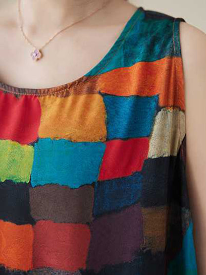 Robes midi à col rond, sans manches amples, à carreaux multicolores contrastés