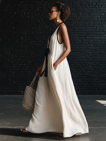 Robe longue sans manches col en V à imprimé bohème noir et blanc