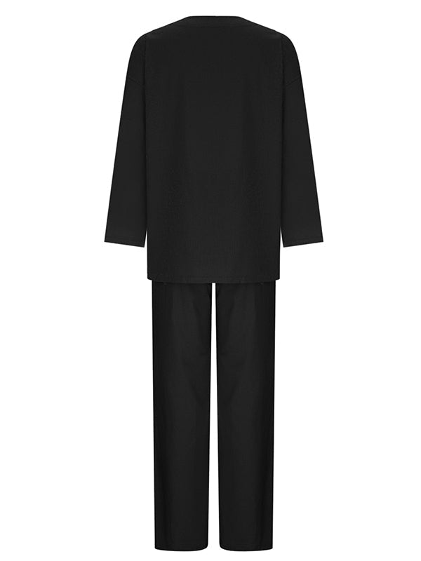 Ensemble deux pièces : haut chemise ample à manches longues et col rond de couleur unie + pantalon taille avec cordon de serrage