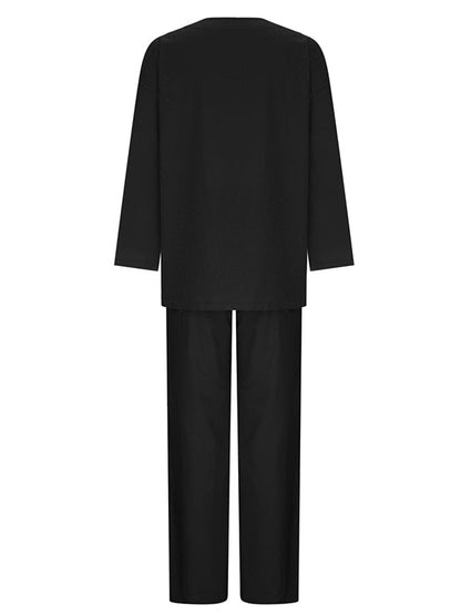 Ensemble deux pièces : haut chemise ample à manches longues et col rond de couleur unie + pantalon taille avec cordon de serrage