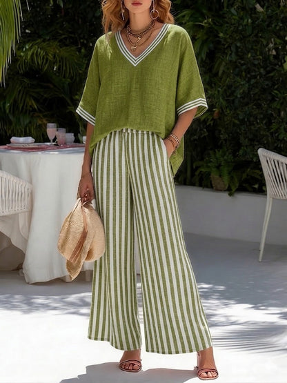 Ensemble décontracté deux‑pièces : haut rayé en patchwork lin et coton et pantalon rayé
