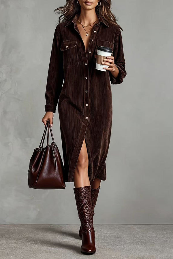 Robe chemise midi décontractée unie, à boutonnage simple, avec poches