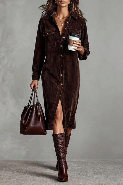 Robe chemise midi décontractée unie, à boutonnage simple, avec poches