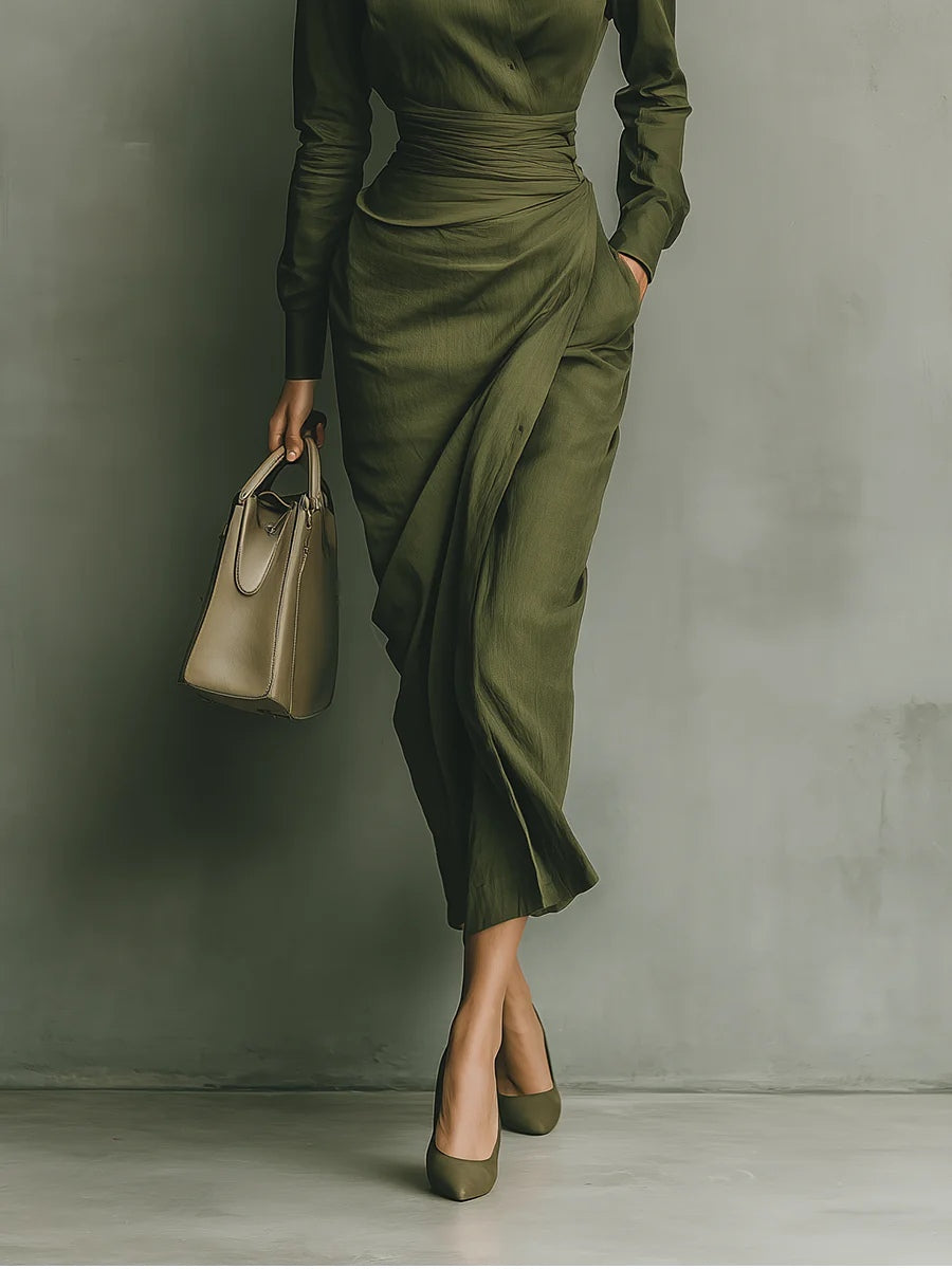 Army green cotton blend long dress
