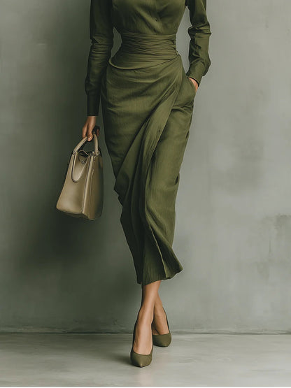 Army green cotton blend long dress
