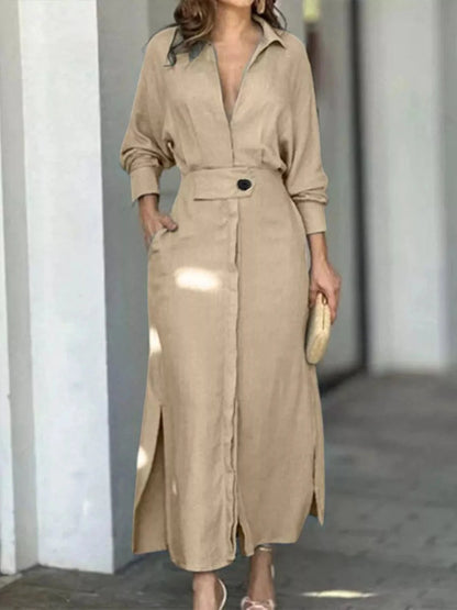 Robe‑chemise à manches longues avec fentes latérales