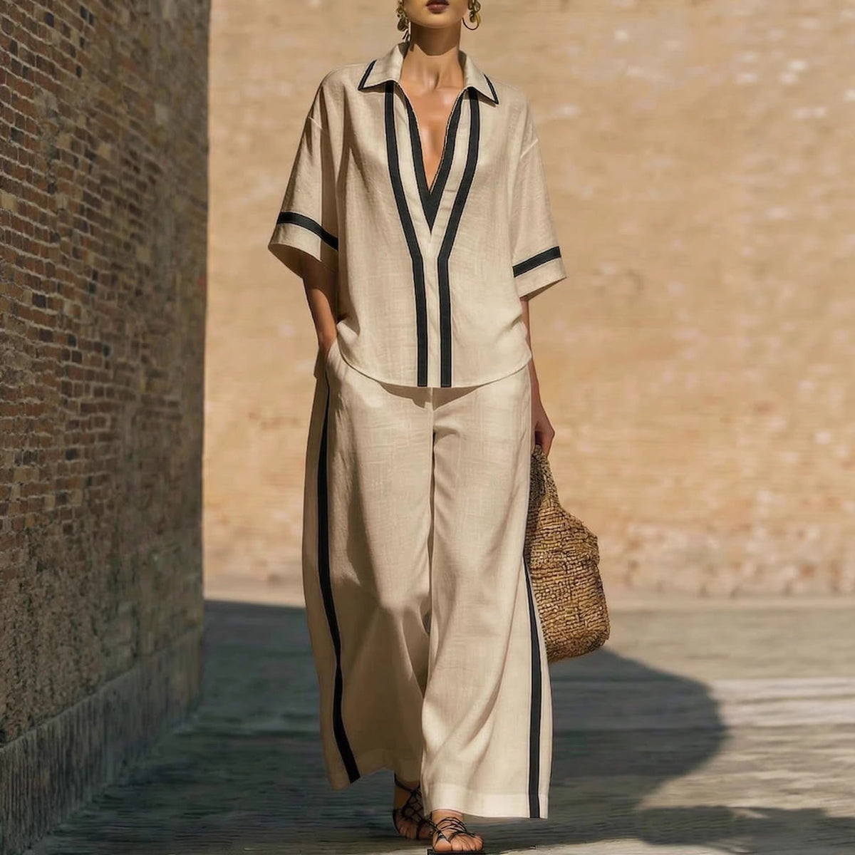 Ensemble deux‑pièces à blocs de couleurs tendance : chemise décontractée à manches courtes et pantalon à jambes larges