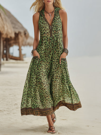 Robe mi-longue à capuche imprimé léopard vert style rétro décontracté pour femme
