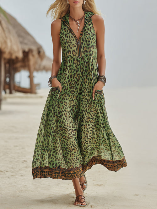 Robe mi-longue à capuche imprimé léopard vert style rétro décontracté pour femme
