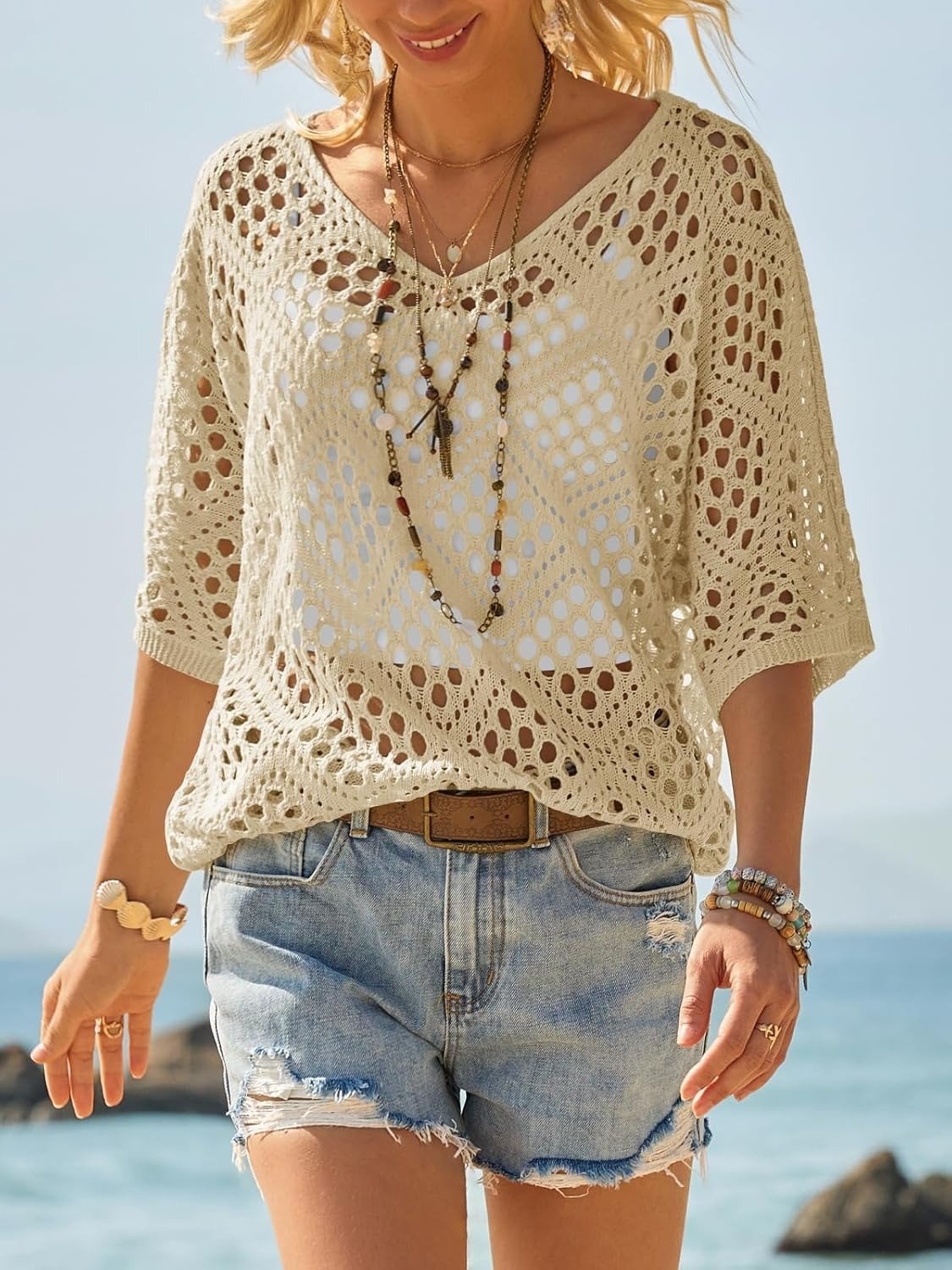 ? Top Bohème en Crochet Col V Fait Main | Essentiel de l'Été Abricot
