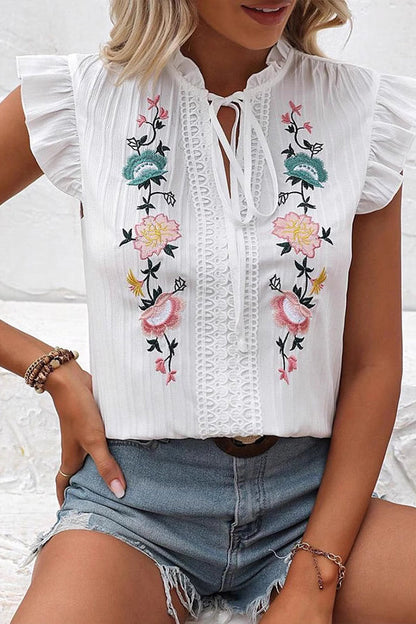 Fashionable Embroidered Ruffled Sleeve Casual Tops