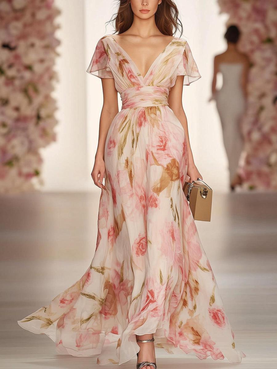 Pink short-sleeved V-neck maxi dress