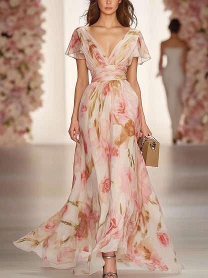 Pink short-sleeved V-neck maxi dress