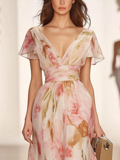 Pink short-sleeved V-neck maxi dress