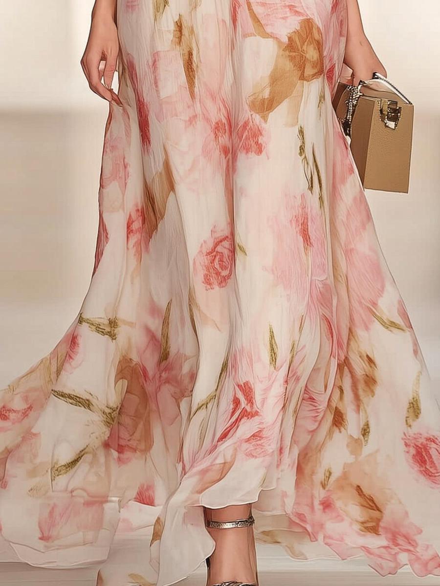 Pink short-sleeved V-neck maxi dress