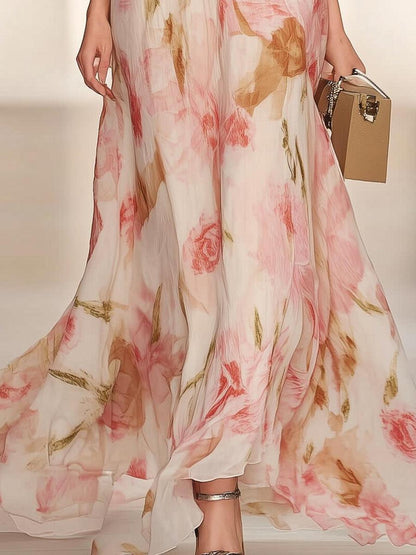 Pink short-sleeved V-neck maxi dress