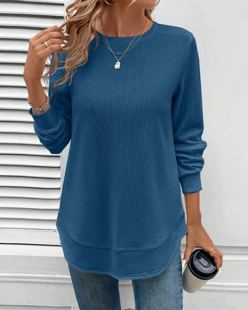Round-neck, long-sleeved, solid-colour top