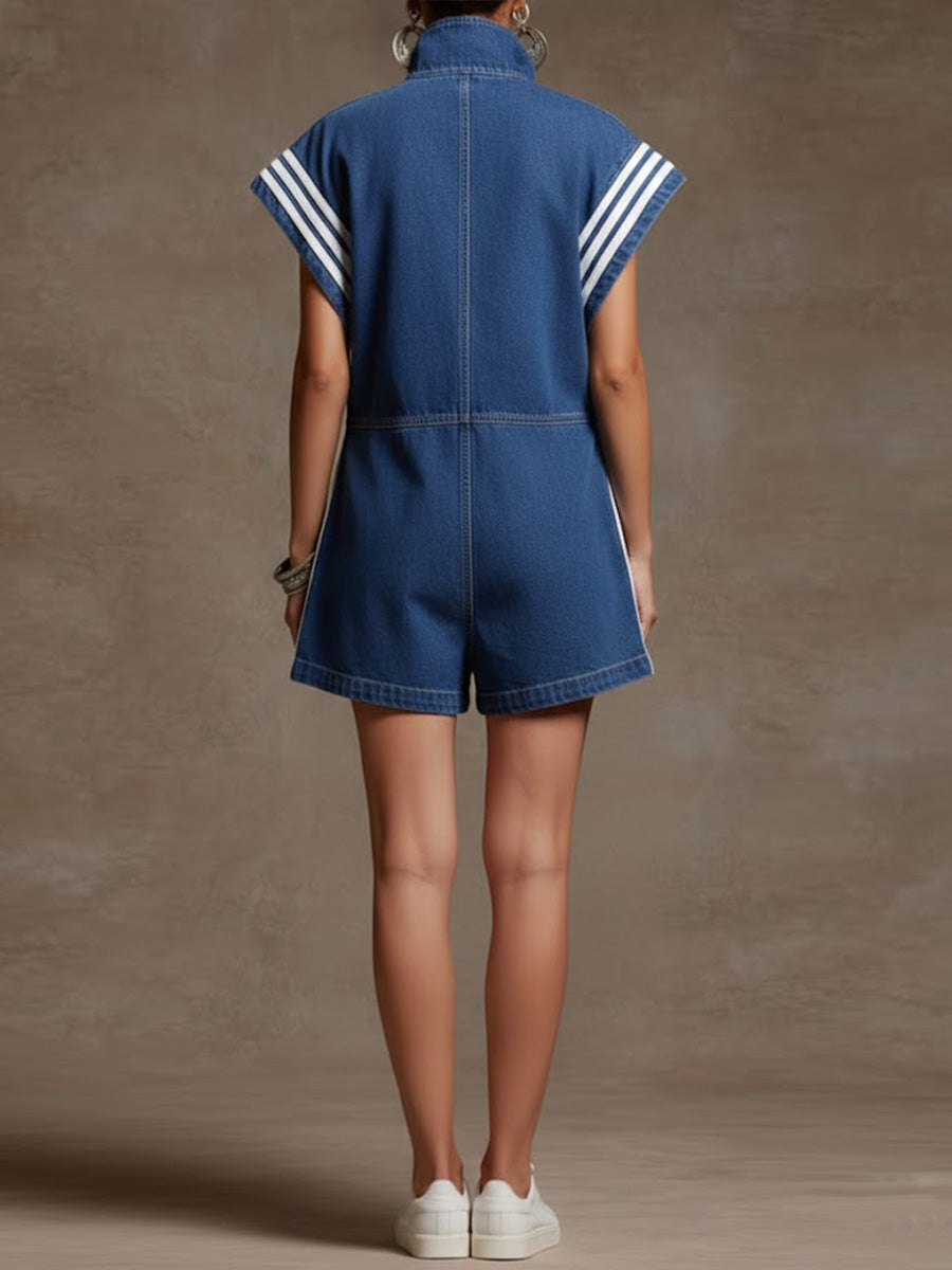 Loose striped sleeveless stand-up collar jumpsuit with zipper, drawstring pockets, contrasting colors and slit assemblies