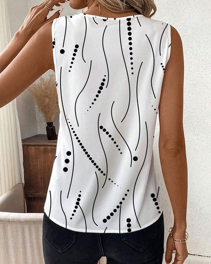 Gilet plissé sans manches à imprimé, col en V