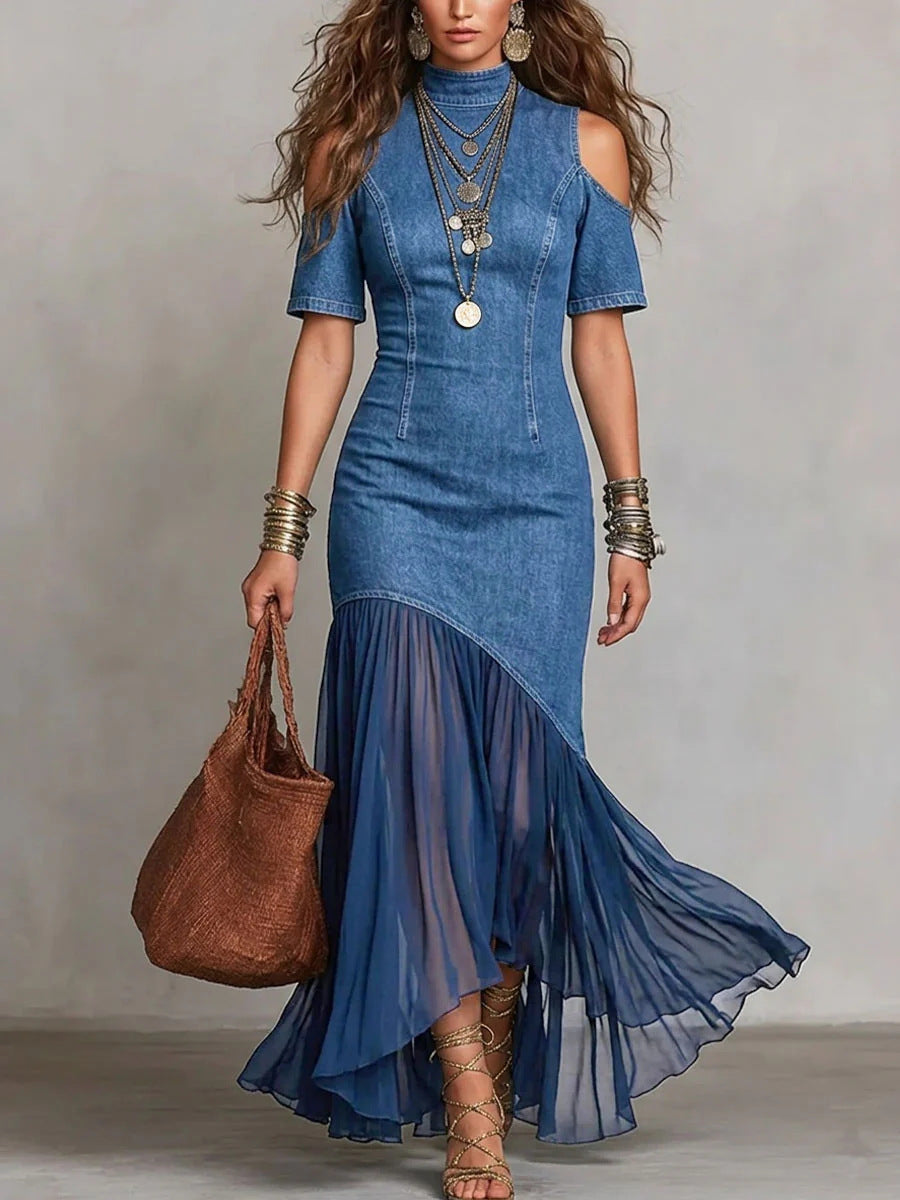 Robe midi à épaules dénudées avec ourlet en maille – Robe moulante à manches courtes