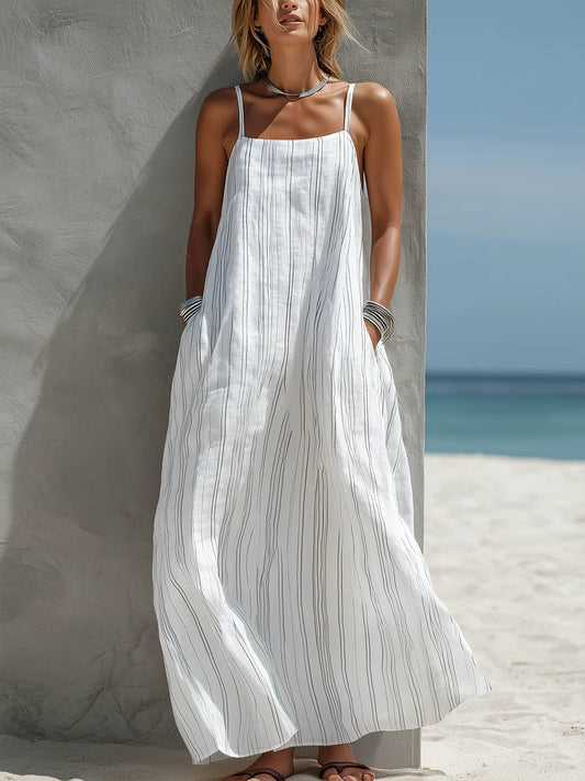 Robe d'été décontractée ample en coton et lin à imprimé rayé pour femme